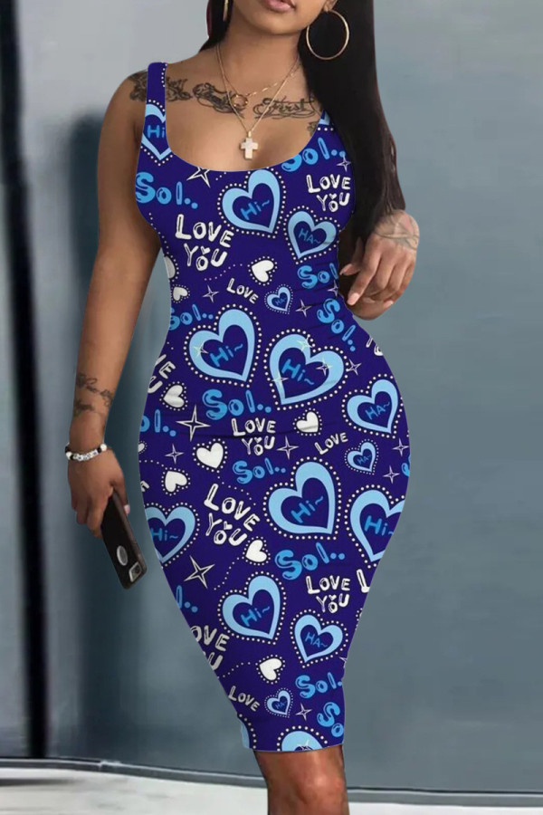 Темно-синее сексуальное повседневное платье с принтом, базовое платье с U-образным вырезом, платья