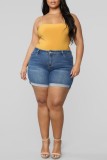 Royal Blue Casual Solid Patchwork Regular High Waist Conventional Solid Color Plus Size Denim Shorts