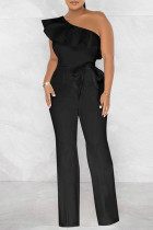 Black Casual Solid Bandage Patchwork Flounce Oblique Collar Straight Jumpsuits