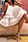 ホワイト セレブリティ ソリッド パッチワーク フラウンス スパゲッティ ストラップ ケーキ スカート ドレス