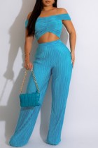 Lake Blue Sexy Casual Solid Backless Off the Shoulder Manica corta Due pezzi