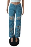 Himmelblaue, lässige, feste, zerrissene Patchwork-Jeans mit hoher Taille und regulärer Denim