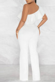 White Casual Solid Bandage Patchwork Flounce Oblique Collar Straight Jumpsuits
