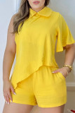 Yellow Casual Solid Asymmetrical Turndown Collar Short Sleeve Two Pieces