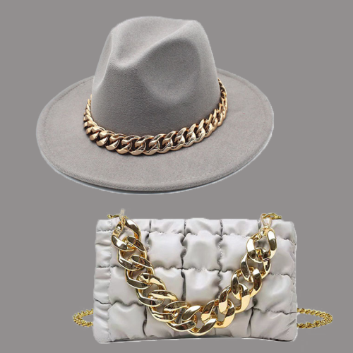 Light Gray Street Celebrities Patchwork Chains Hat（Hat+Bag）