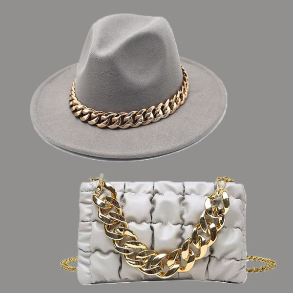 Sombrero gris claro de cadenas de patchwork de celebridades de la calle (sombrero + bolso)