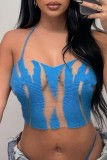 Azul sexy patchwork vendaje transparente sin espalda halter tops
