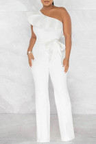 White Casual Solid Bandage Patchwork Flounce Oblique Collar Straight Jumpsuits