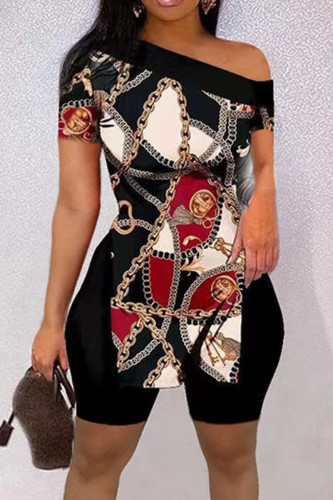 Black Red Casual Print Patchwork Slit Oblique Collar Short Sleeve Two Pieces