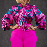 Blusas de colarinho com fita patchwork com estampa casual rosa