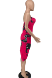 赤いセクシーなプリント チェーン スパゲッティ ストラップ イレギュラー ドレス ドレス