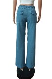 Небесно-голубые повседневные однотонные рваные лоскутные джинсы с высокой талией стандартного кроя