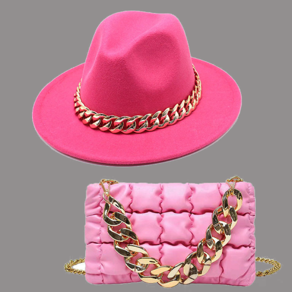 Rose Red Street Celebrities Patchwork Chains Hat（Chapéu+Bolsa）