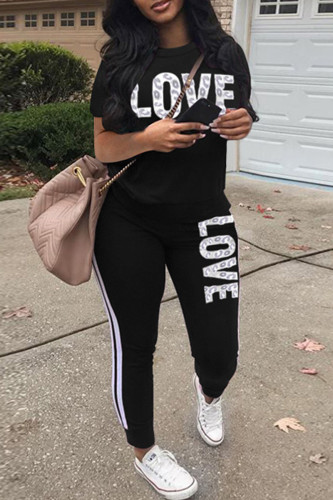 Black Casual Letter Print Basic O Neck Short Sleeve Two Pieces