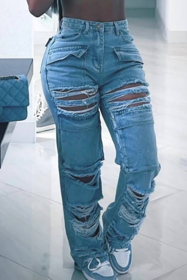 Небесно-голубые повседневные однотонные рваные лоскутные джинсы с высокой талией стандартного кроя