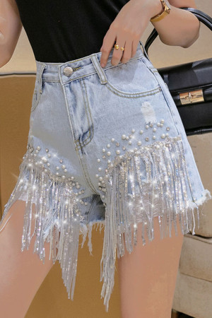 Light Blue Sexy Rhinestone Tassel Skinny Denim Shorts
