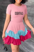 ピンク カジュアル プリント レター O ネック ケーキ スカート ドレス