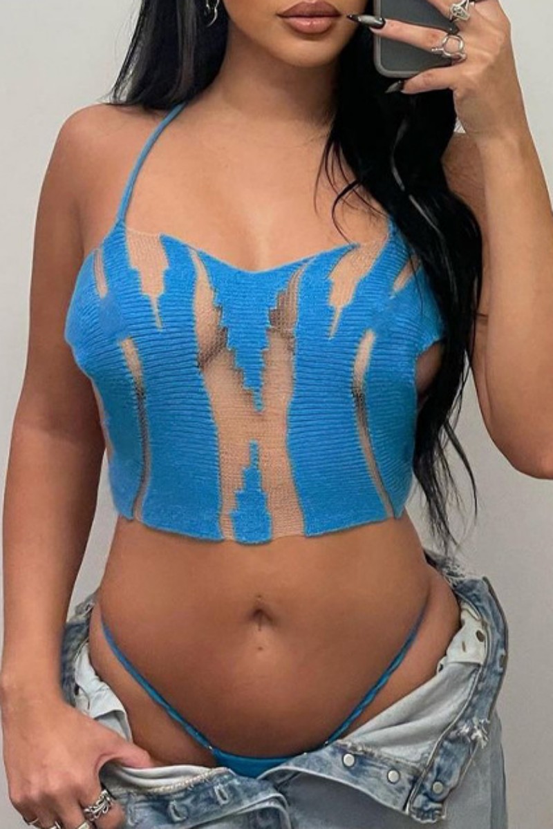 

Blue Sexy Patchwork Bandage See-through Backless Halter Tops