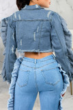 Blå Casual Street Solid Patchwork-spänne Stringy Selvedge Turndown-krage Långärmad rak jeansjacka