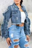 Light Blue Casual Street Solid Patchwork Buckle Stringy Selvedge Turndown Collar Long Sleeve Straight Ruffle Trim Cropped Denim Jacket