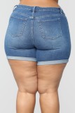 Shorts jeans liso azul real casual cintura alta convencional tamanho grande