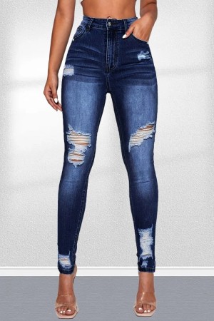 Deep Blue Casual Solid Ripped High Waist Skinny Denim Jeans