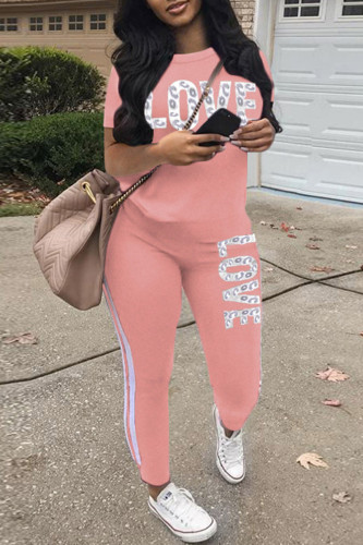 Pink Casual Letter Print Basic O Neck Short Sleeve Two Pieces