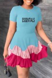 ピンク カジュアル プリント レター O ネック ケーキ スカート ドレス
