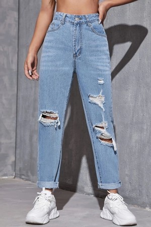 Blue Casual Solid High Waist Regular Distressed Ripped Denim Jeans