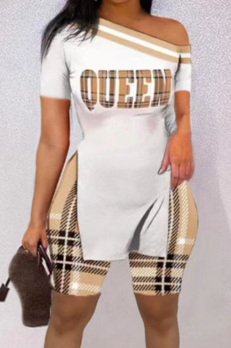 Khaki Casual Print Patchwork Slit Oblique Collar Short Sleeve Two Pieces