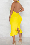 Yellow Elegant Solid Patchwork Backless Flounce Halter Trumpet Mermaid Dresses