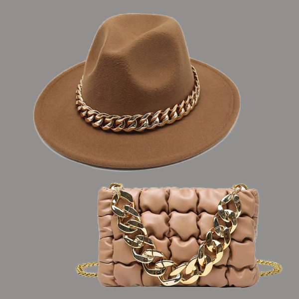 Khaki Street Celebrities Patchwork Chains Hat（Hatt+väska）