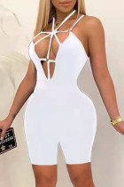 White Sexy Solid Hollowed Out Backless Spaghetti Strap Skinny Romper