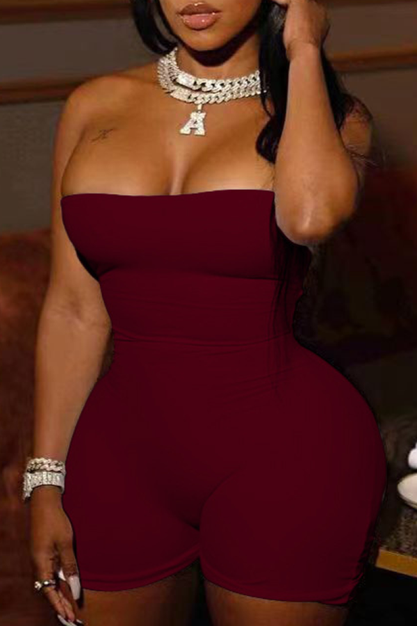 Burgundy Sexy Solid Hollowed Out Strapless Skinny Rompers
