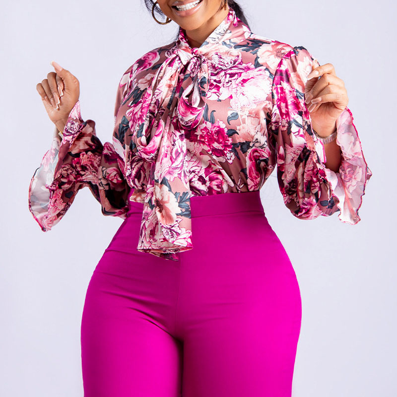 

Pink Casual Print Patchwork Ribbon Collar Tops
