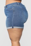 Pantalones cortos de mezclilla de talla grande de color sólido de cintura alta regular de patchwork sólido casual azul real