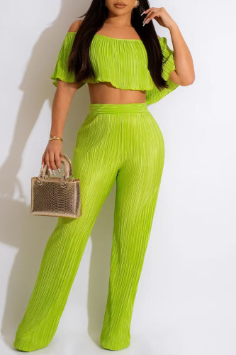 Green Sexy Solid Patchwork Fold Off the Shoulder Half Sleeve Two Pieces