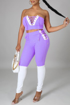 Фиолетовый сексуальный повседневный сплошной бинт в стиле пэчворк с открытой спиной контрастный без бретелек без рукавов из двух частей