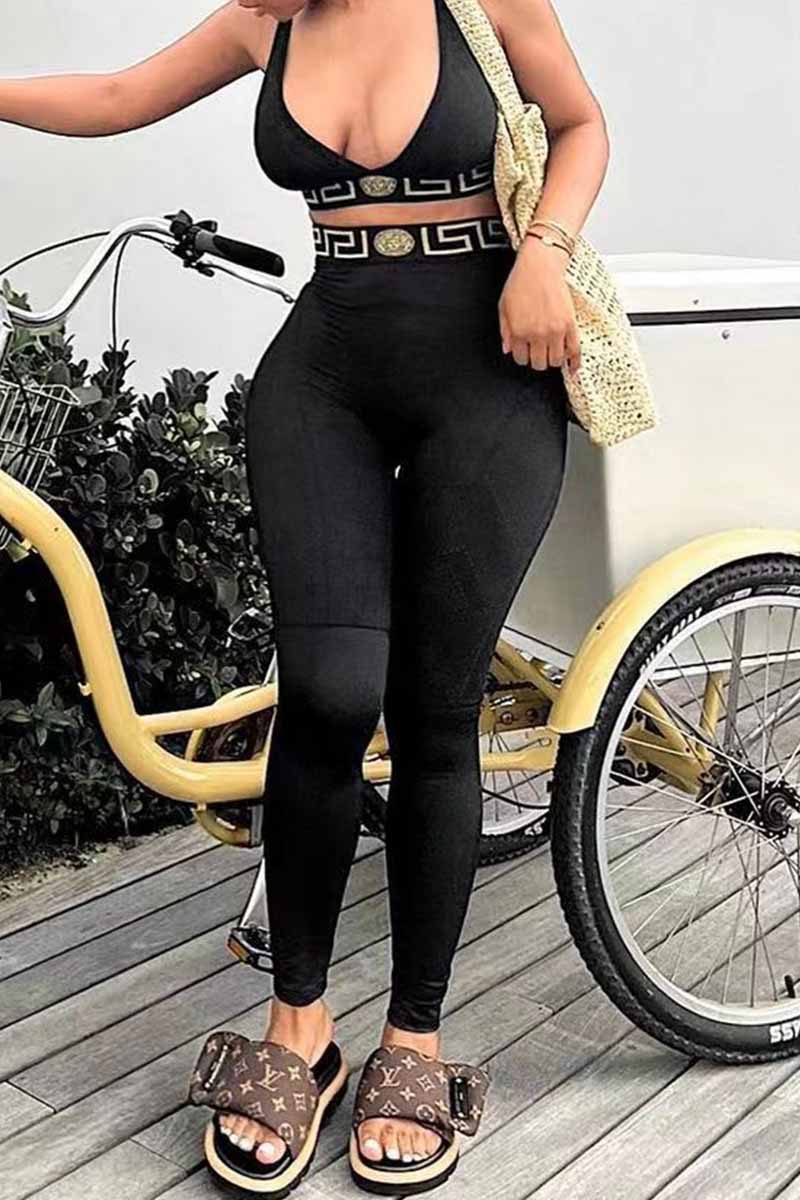 

Black Casual Figure Patchwork V Neck Sleeveless Two Pieces