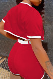 レッド カジュアル ストリート ソリッド 刺繍 パッチワーク バックル カーディガン 襟 半袖 ツーピース