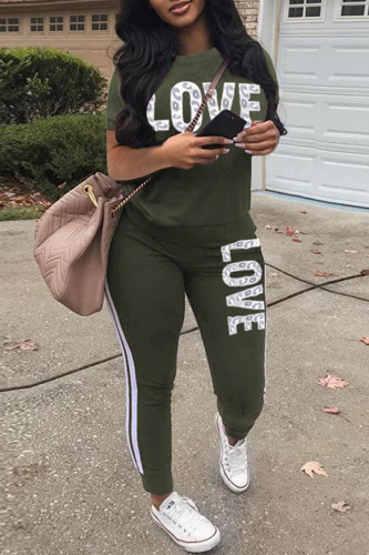 Army Green Casual Letter Print Basic O Neck Short Sleeve Two Pieces
