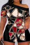 Cuello oblicuo con abertura de retazos con estampado informal rojo negro de talla grande de dos piezas