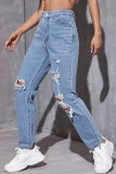 Blue Casual Solid High Waist Regular Distressed Ripped Denim Jeans
