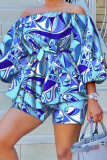 The cowboy blue Casual Print Patchwork Off the Shoulder Long Sleeve Two Pieces