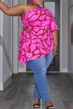 Pink Casual Print Bandage Hollowed Out Patchwork Asymmetrical Oblique Collar Plus Size Tops