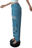 Jeans jeans regular de cintura alta casual liso rasgado com patchwork azul celeste