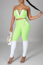 Fluorescent Green Sexy Casual Solid Bandage Patchwork Backless Contrast Strapless Sleeveless Two Pieces