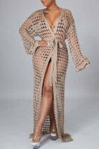 Camel Sexy Solid Bandage Hollowed Out Patchwork Swimwears Cover Up