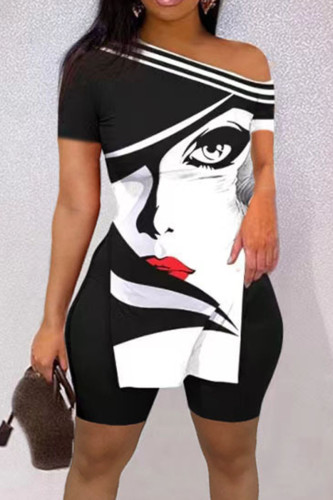 Black White Casual Print Patchwork Slit Oblique Collar Short Sleeve Two Pieces