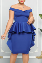 Vestido azul casual elegante sólido patchwork ombro a ombro